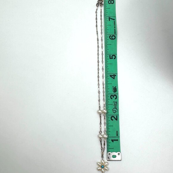 Vtg 18" Freshwater Pearl Necklace Sterling 925 w/Pearl Daisy & Turquoise Pendant - Picture 12 of 16